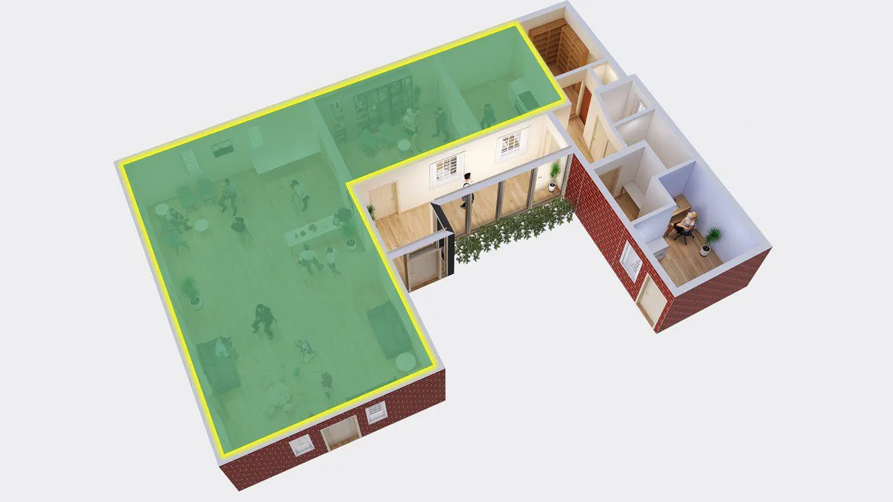 Floor plan showing the hall (highlighted) in relation to the new corridor and toilets