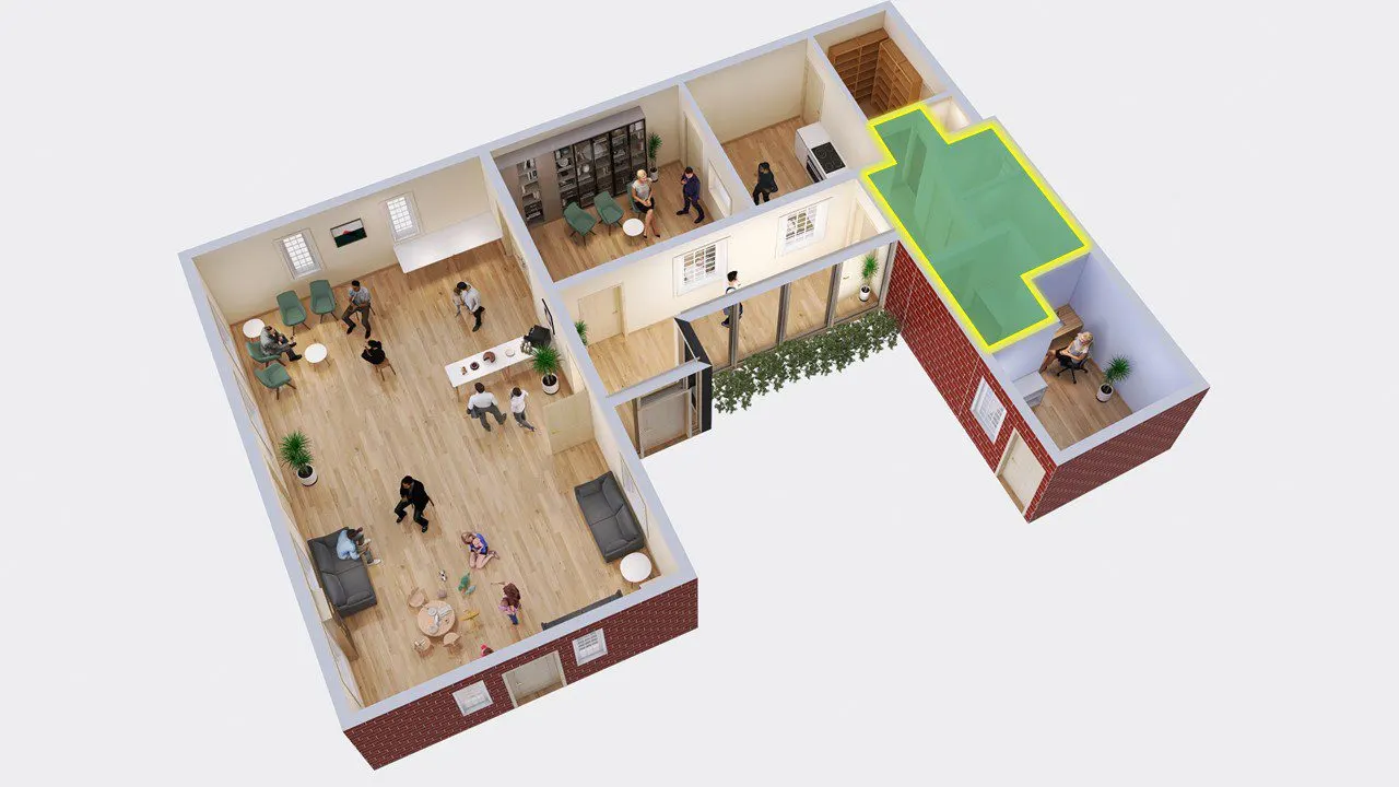 Floor plan showing the new toilet block (highlighted) beside the kitchen and meeting room